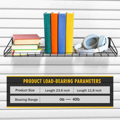 Two-Pack Heavy Duty Slatwall Shelves 23.6 By 11.8 Inch Metal Wire Shelves with books and headphones, installed on slat wall.