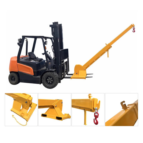 Forklift Jib Boom Crane With Adjustable Tilt 6600 Lbs Capacity attached to forklift, showcasing heavy-duty carbon steel construction.