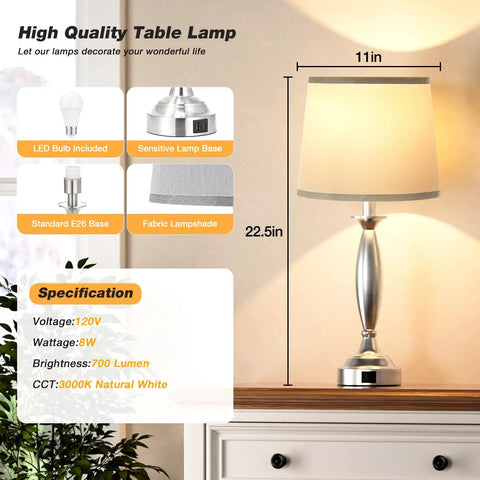 Modern USB Table Lamp Set Of 2, 28-Inch Tall With Matte Nickel Base And Grey Drum Shade, USB Ports For Fast Charging 5V 2A, End Table Lamps For Living Room Or Bedroom