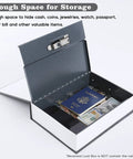 Extra Large 10.5 Inch Diversion Book Safe With 3 Digit Combination Lock Hidden Money Safe In Plain Sight Black Metal Lock Box open showcasing cash and valuables inside on display.