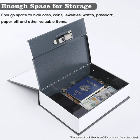 Extra Large 10.5 Inch Diversion Book Safe With 3 Digit Combination Lock Hidden Money Safe In Plain Sight Black Metal Lock Box open showcasing cash and valuables inside on display.