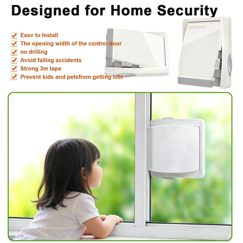 2 Pack Sliding Door Lock for Glass Doors and Windows, Child Safety Lock installed on window with child looking outside.