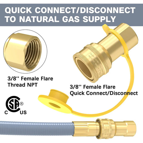 18 Ft Natural Gas Hose With Quick Connect For Propane To Natural Gas Conversion showing yellow quick connect fitting.