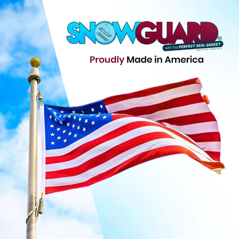 American flag waving under blue sky with logo text for 50 Pack Built Tough Snow Guards For Metal Roofs With Perfect Seal Gaskets And Mounting Screws Industrial Polycarbonate Stops Keep Sliding Ice Secure On Your Roof Made In Usa.