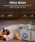 Stainless Steel Cat Water Fountain 108oz 3.2L With Water Level Window, Automatic Pet Fountain next to sleeping cat, quiet operation.