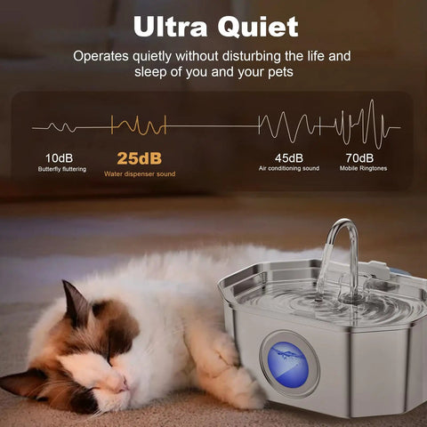 Stainless Steel Cat Water Fountain 108oz 3.2L With Water Level Window, Automatic Pet Fountain next to sleeping cat, quiet operation.