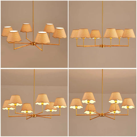39 Inch Boho Rattan Chandelier With Six Warm Bulbs Hits Different On Your Kitchen Island Dining Table Or Living Room Ceiling Using Real Natural Weave And Seamless Brass Rods Built Big Time Safe Through UL Certification in four angles showing handwoven rattan shades.