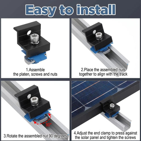 Steps to install 10 Piece Solar Panel End Clamps Mounting Kit For Unistrut And Aluminum Rails 30mm And 35mm on roof supports.