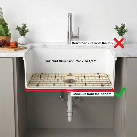 Heavy Duty 26 Inch By 14 Inch Stainless Steel Kitchen Sink Grid Protector With Rear Drain For Single Bowl Golden Finish in sink