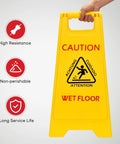 Front view of Three Pack 25 Inch Two Sided Wet Floor Caution Signs A Frame Fold Out Bright Yellow Multilingual Safety Warnings