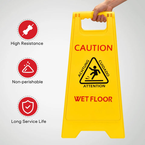 Front view of Three Pack 25 Inch Two Sided Wet Floor Caution Signs A Frame Fold Out Bright Yellow Multilingual Safety Warnings