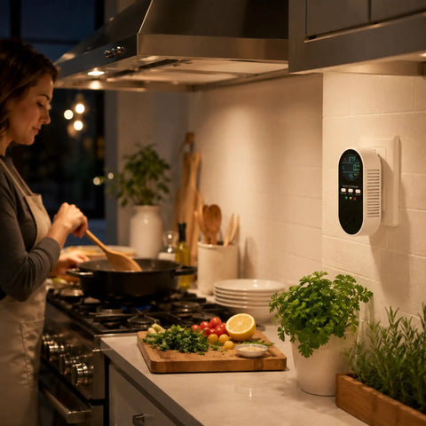 5-In-1 Air Monitor Plug-In With LED Display And Real-Time Gas Detection, mounted on kitchen wall during cooking