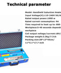 Technical parameters for Heavy Duty 1000W Electromagnetic Induction Bolt Heater Slick Handheld Magnetic Extraction Tool in blue case.