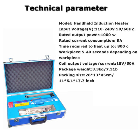 Heavy Duty Flameless Magnetic Induction Heater One Thousand Watt Rusty Bolt Puller in a blue carry case with coils and technical details.