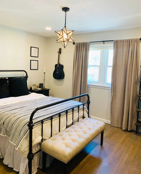 Bedroom with Moravian Star Pendant Light With Seeded Glass Shade, Adjustable Chain, 16 Inch Diameter, Stylish Hanging Lighting Fixture