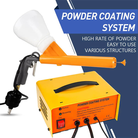 Heavy Duty Electrostatic Powder Coating Gun Kit w/ Control Panel & Pump with spray gun and yellow control unit, ideal for metal refinishing.