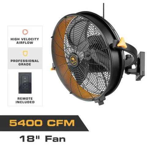 18-Inch Garage Wall Mount Fan With Beast-Mode 5400 CFM Wet-Rated Airflow, remote control, black, mounted on wall
