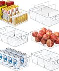 Clear Pantry Organizers And Storage Bins With Quick Adjust Dividers, Super Sturdy Fridge Containers For Kitchen Shelving filled with snacks, apples, and cans.