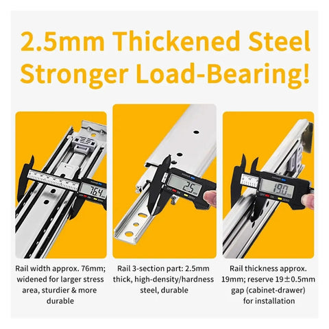 Heavy Duty 12 Inch Side Mount Drawer Slides Full Extension Double Row Ball Bearing Cabinet Hardware Cold Rolled Steel with measuring caliper