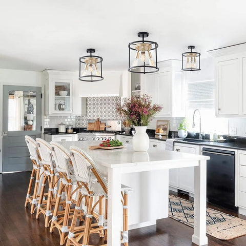 Dope Industrial Semi Flush Mount 3 Light Ceiling Fixture in Vintage Black with Adjustable Sockets in modern kitchen.