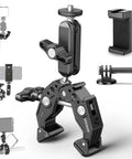 Workhorse Heavy Duty Super Clamp with Magic Arm, showing installation on poles and desks, for phones and action cameras setup