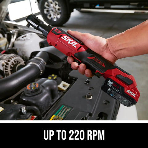 Person using Brushless 12V Ratchet Wrench Kit With 2Ah Battery And PWR Jump Charger on car engine, showcasing three eighths inch drive.