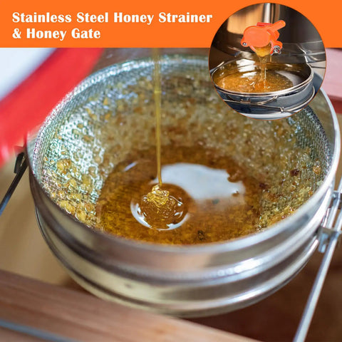 Pro Grade Beekeeping Honey Harvest Kit With Stainless Steel Strainer filtering honey with honey gate, close-up view
