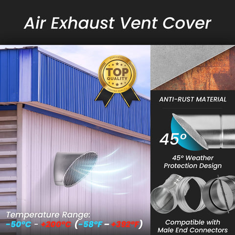 4 Inch Heavy Duty Workhorse Galvanized Steel Duct End Cap With Mesh Round Outdoor Air Exhaust Vent Cover Bird Guard Vent Cover Angled 45 Degree End For Dryer Vent All Weather Weatherproof Exterior Exhaust mounted on blue building wall