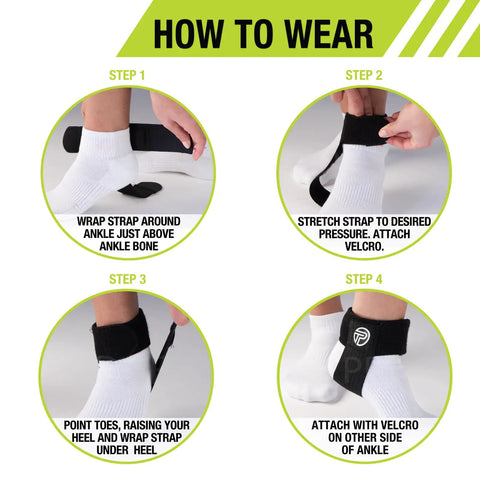 Achilles Tendon Support Brace For Tendonitis Relief With Targeted Compression Pad showing step-by-step wearing guide