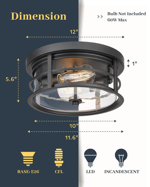 Image of Two Light Matte Black Flush Mount Ceiling Fixture With Clear Glass Shade For Hallway Entryway Bedroom Porch 12 Inch