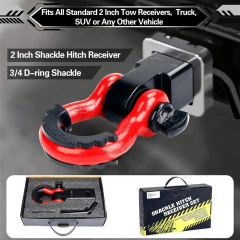 Shackle Hitch Receiver Two Inch Heavy Duty Tow Hitch With Five Eighth Inch Screw Pin And Three Quarter Inch D Ring Shackles, Forty Five Thousand Lbs Break Strength, Off Road Vehicle Recovery Towing Accessory, Anti Rust Carbon Steel Red And Black.