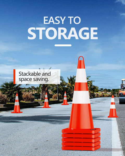 28 Inch Traffic Safety Cones 8 Pack PVC Orange Construction Cone With Reflective Collars stacked on a road