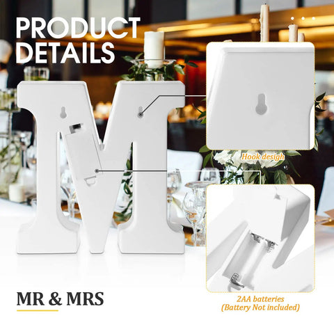 Back detail of Mr And Mrs LED Light Up Sign 8.4 Inch with hook design and battery compartment, placed on a wedding table.