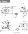 Technical diagrams of Harmonic Drive Gear Reducer with 30:1 ratio for Nema 14 stepper motor, including gearbox and flange details.