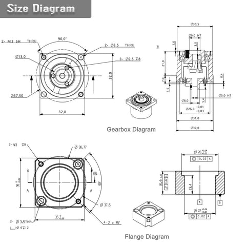 Technical diagrams of Harmonic Drive Gear Reducer with 30:1 ratio for Nema 14 stepper motor, including gearbox and flange details.