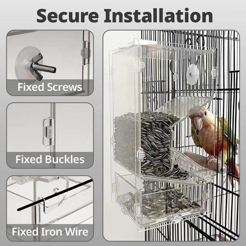 No Fuss Automatic Parrot Food Dispenser Extra Large High Quality Acrylic Bird Feeder For Cage with secure installation details.