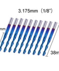 CNC end mill set, blue-coated flat-nose bits, 1/8 in shank, 2-flute upcut, 10 pcs