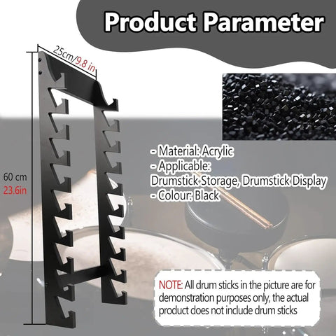 Heavy Duty Black Acrylic Drumstick Holder, Slick Floor Standing Rack for Ten Sticks And Mallets, front view showing dimensions.