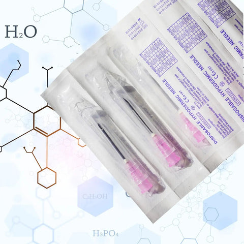 Top Shelf 100 Pack Sterile Disposable 18 Gauge One And A Half Inch Luer Lock Syringe Tips in sealed packaging for lab use.