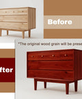 Before and after of a dresser using Smooth As Silk Water Based Wood Stain For Indoor And Outdoor Projects Fast Drying With Zero Fumes Non Toxic Low Odor Formula In Rich Red Cherry.