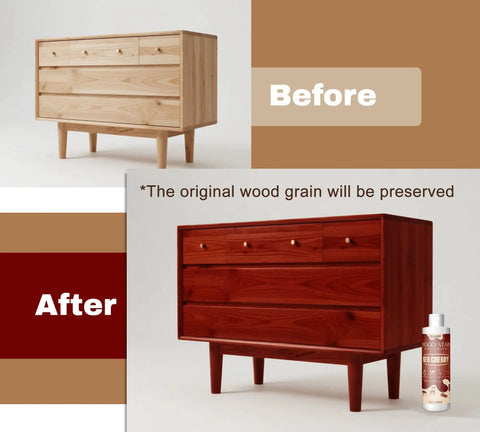 Before and after of a dresser using Smooth As Silk Water Based Wood Stain For Indoor And Outdoor Projects Fast Drying With Zero Fumes Non Toxic Low Odor Formula In Rich Red Cherry.