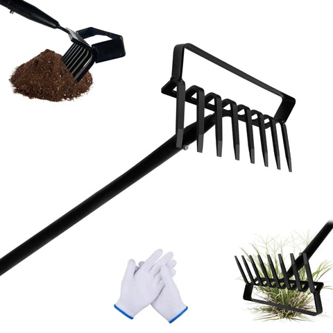 8 Tines Rake And Stirrup Hoe With Adjustable Long Handle For Weeding Digging And Loosening Soil Metal Garden Tiller Rake shown