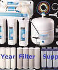 Solid Five Stage Under Sink Reverse Osmosis Drinking Water Filter System With Nsf Certified Membrane And Four Year Filter Supply, showcasing components and filters.