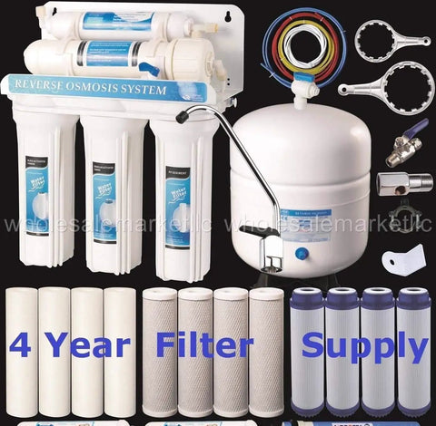 Solid Five Stage Under Sink Reverse Osmosis Drinking Water Filter System With Nsf Certified Membrane And Four Year Filter Supply, showcasing components and filters.