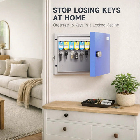 Open 16 Key Wall Mounted Lock Box With Three Digit Combination Lock And Backup Key mounted on wall, showing keys inside.