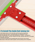 Parallel Guide Rail Extension Kit installation showing CNC aluminum rail connection with ruler and red clamp detail