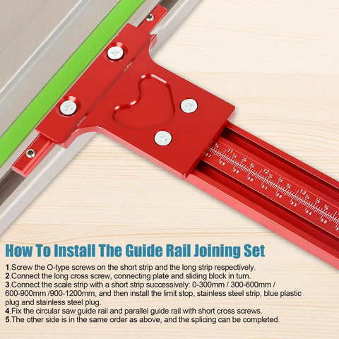 Parallel Guide Rail Extension Kit installation showing CNC aluminum rail connection with ruler and red clamp detail