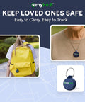 Drop Dead Simple Gps Tracker For Keys Wallets And Kids with yellow backpack and keychain attachment.