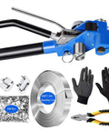 Kick Your Packaging Game Up With This Heavy Duty Steel Strapping Kit Featuring Smooth Ratchet Tensioner And Easy Cut Tool For Pallet Banding Plus Three Quarter Inch Coil And One Hundred Clips with steel strapping tools and gloves.