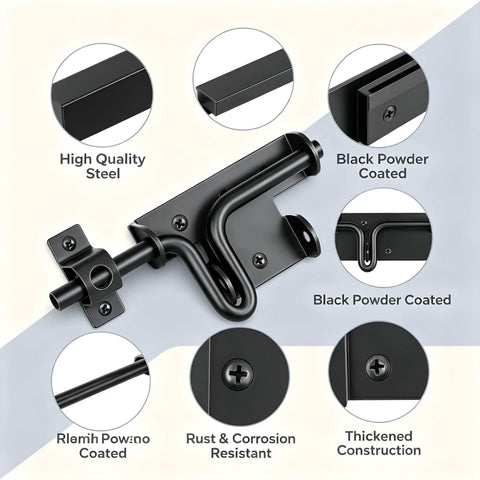 Heavy Duty Steel Gate Slide Bolt Latch features black powder coated finish, rust resistant, and thickened construction.